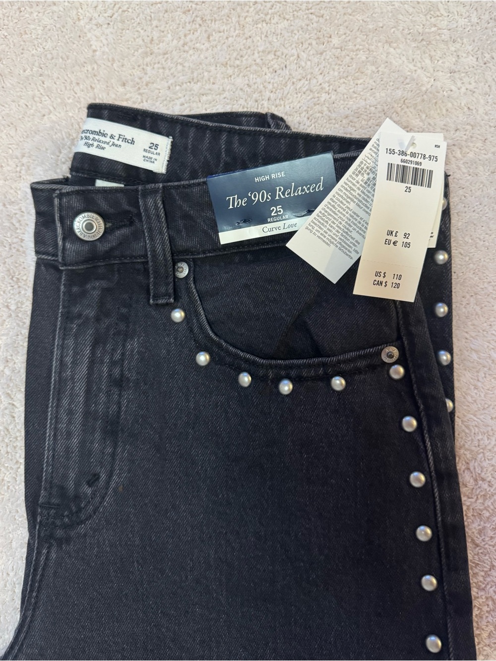 Abercrombie & Fitch Black High-Rise Jeans with Pearl Stud Trim